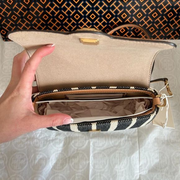 Tory Burch Felix Striped Canvas Mini Flap Shoulder Bag Crossbody Canvas Black - Picture 7 of 11